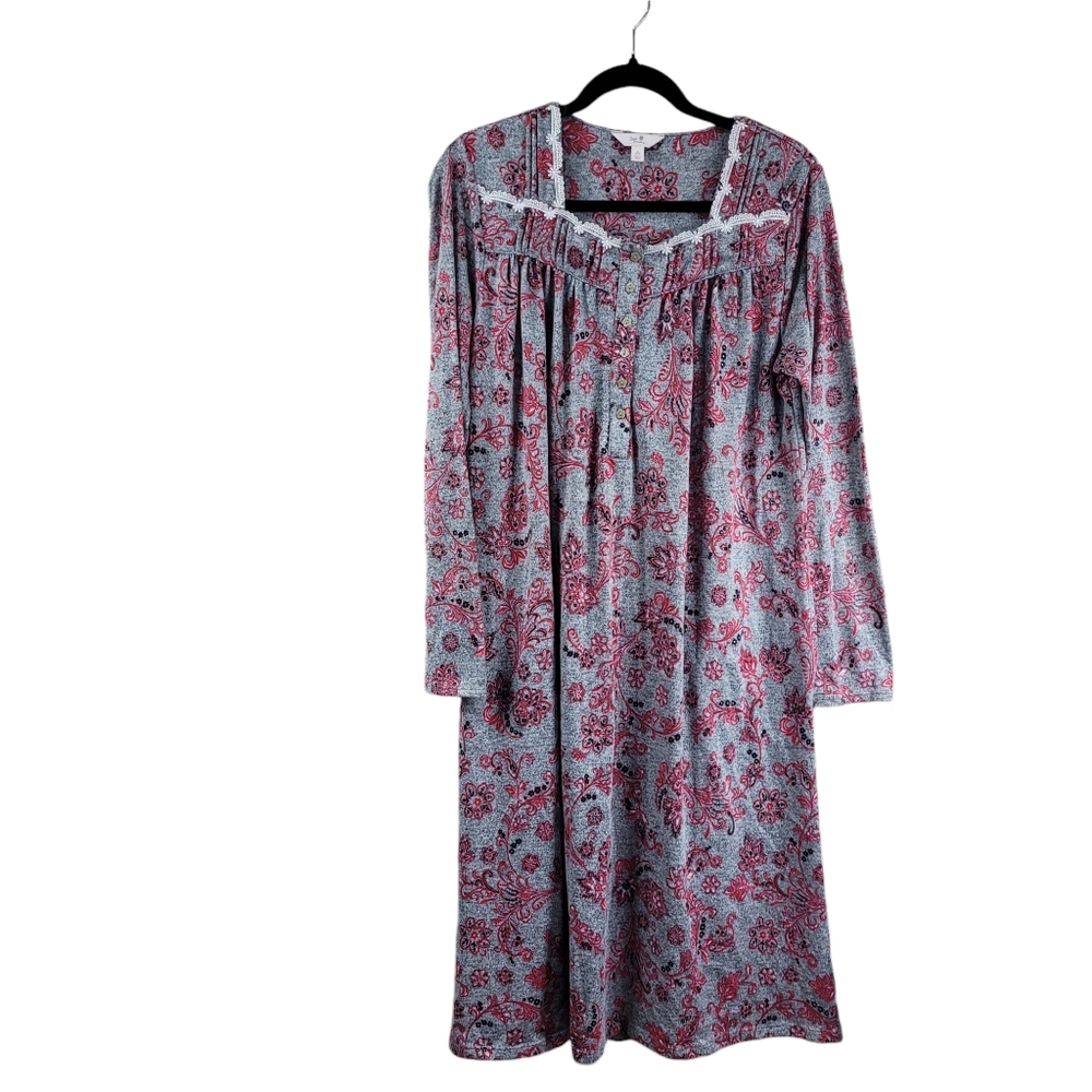 Secret Treasures Nightgown Medium (8-10) Gray Floral Knit Long Sleeve EUC